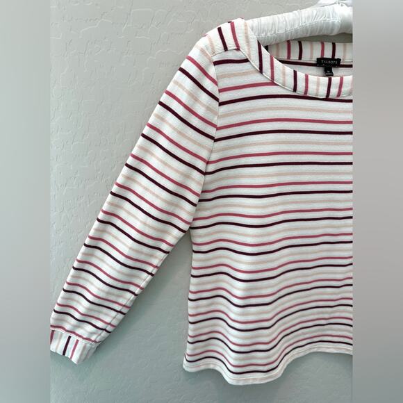 TALBOTS | Striped Long Sleeve Shirt White Pink Burgundy Boat Neck Top | Medium - Picture 3 of 6